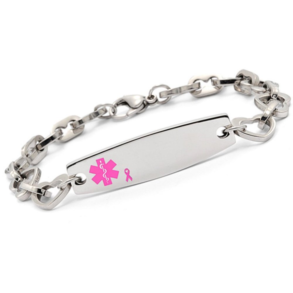 NEW! Medical ID Stainless Pink Ribbon Heart Bracelet Lymphedema Alert No BP IV